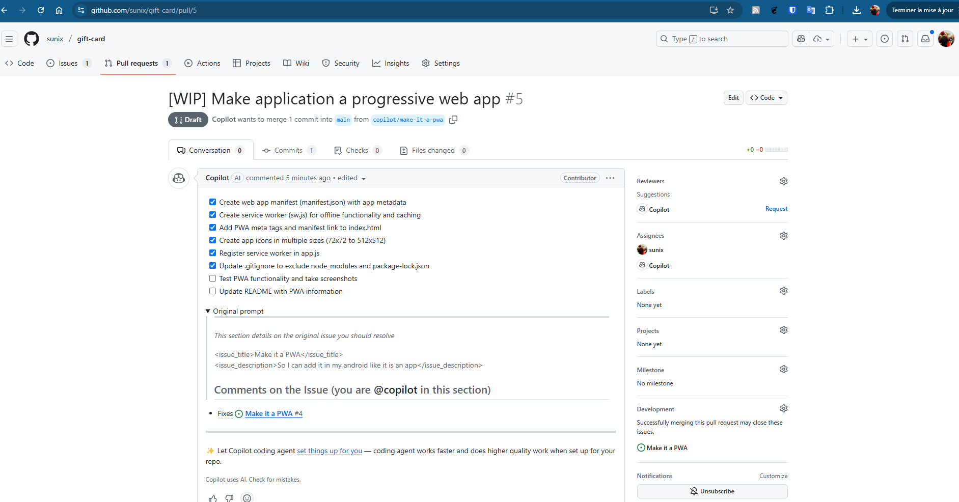 Checklist des étapes de Copilot