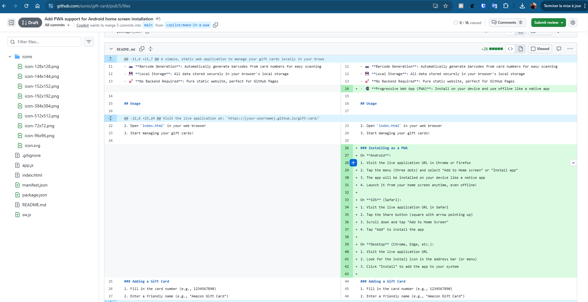 Changements de code par Copilot