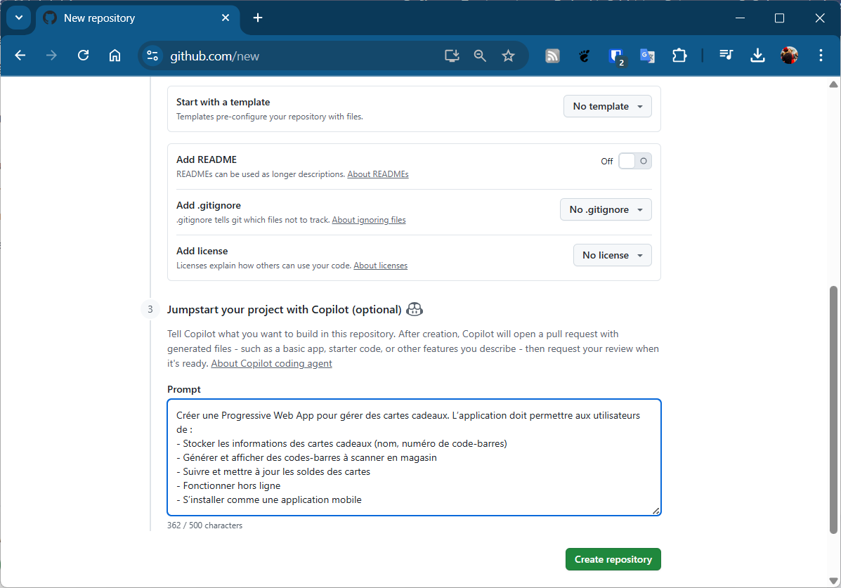 Prompt Copilot dans le formulaire de création de repository