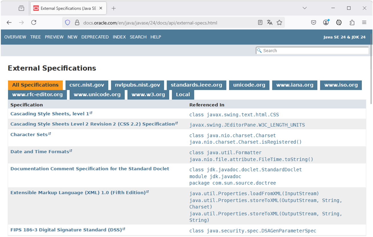La page External Specifications de la Javadoc de Java SE