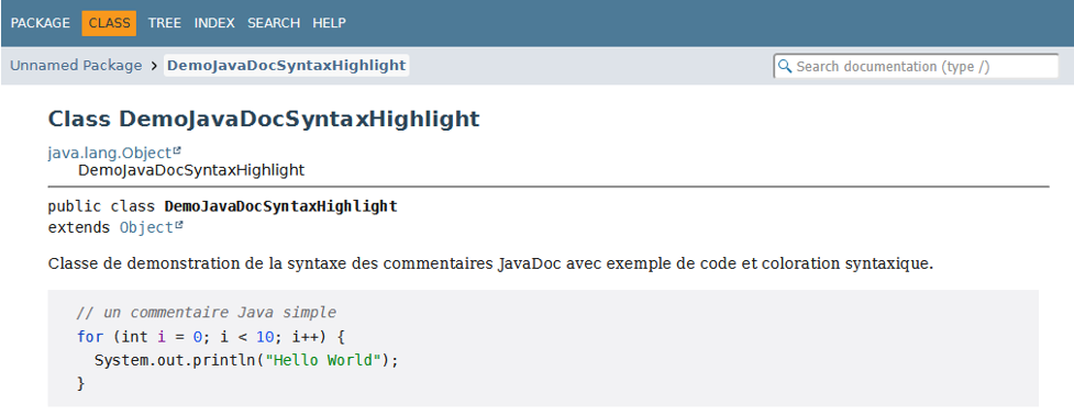 Exemple de code avec coloration syntaxique la Javadoc générée