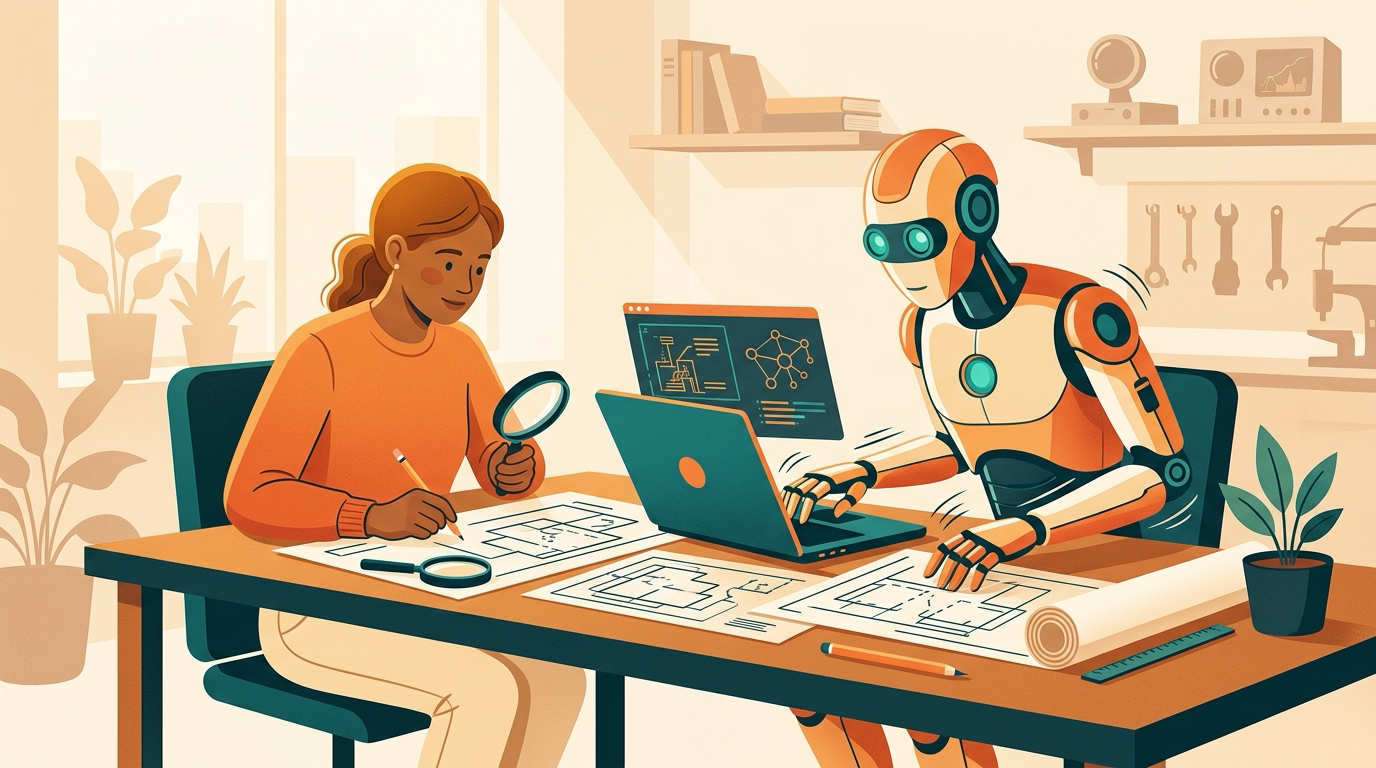 Un ingénieur et une intelligence artificielle travaillant côte à côte à la même table, l'un attentif, l'autre rapide.